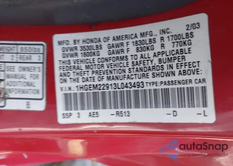 2003 Honda Civic Ex z USA, uszkodzony, nr VIN 1HGEM22913L043493